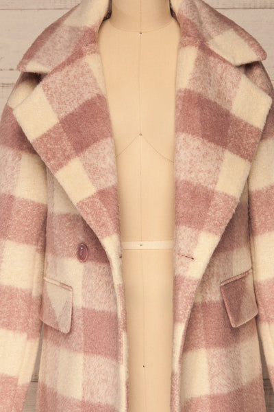 Myslowice White & Pink Long Plaid Coat | La petite garçonne open close-up