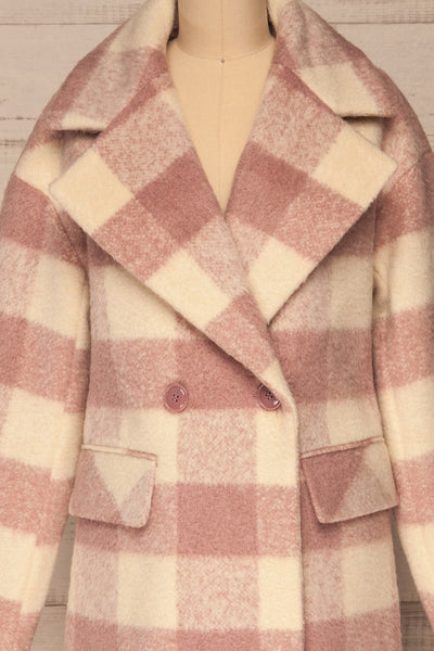 Myslowice White & Pink Long Plaid Coat | La petite garçonne front close-up