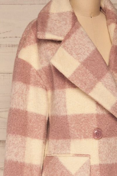 Myslowice White & Pink Long Plaid Coat | La petite garçonne side close-up