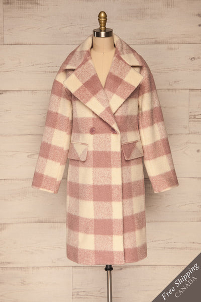 Myslowice White & Pink Long Plaid Coat | La petite garçonne front view