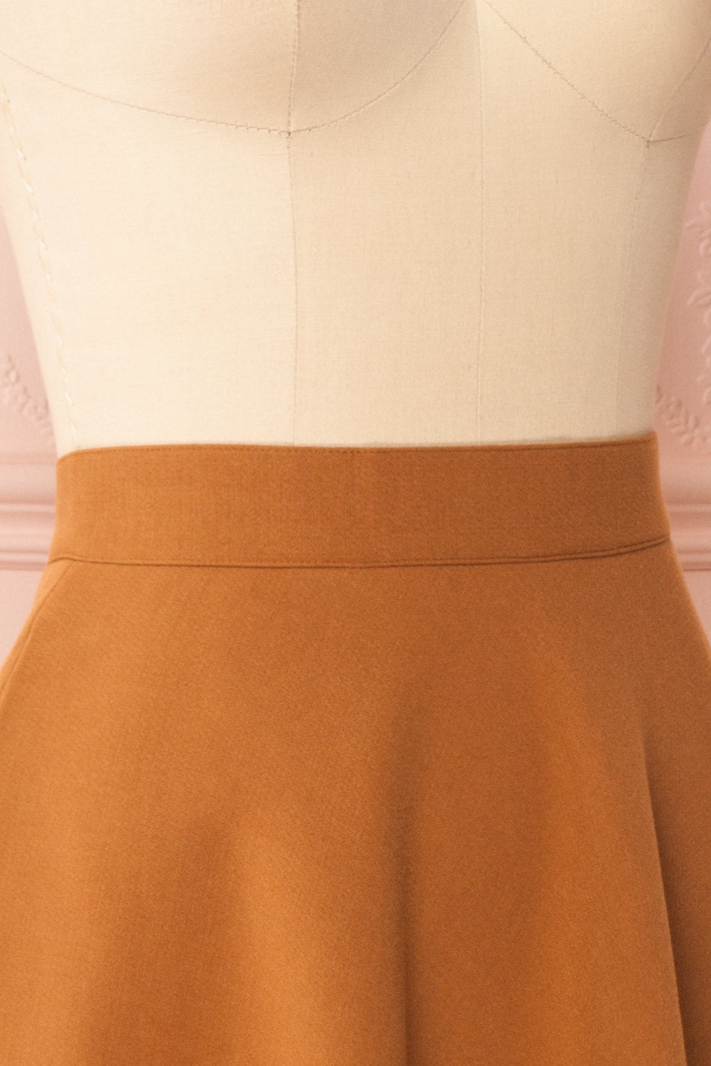 Nadjela Cognac Brown A-Line Midi Skirt | Boutique 1861 side close-up
