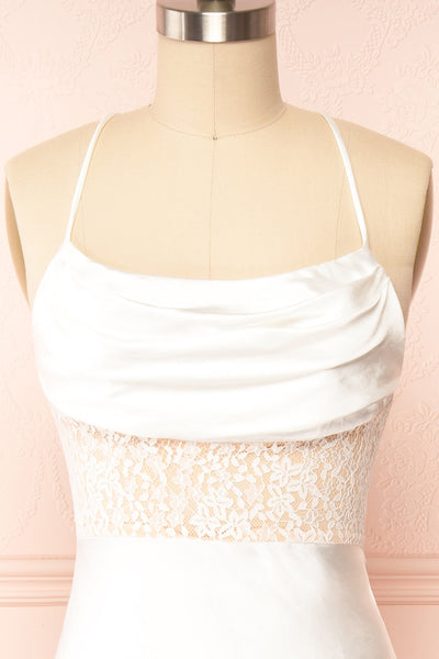 Naelie Satin Cowl Neck Midi Dress w/ Slit | Boutique 1861 frotn close up