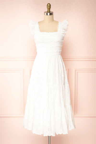 Nagone | White Midi Dress With Ruffles And Elastic Bust front view