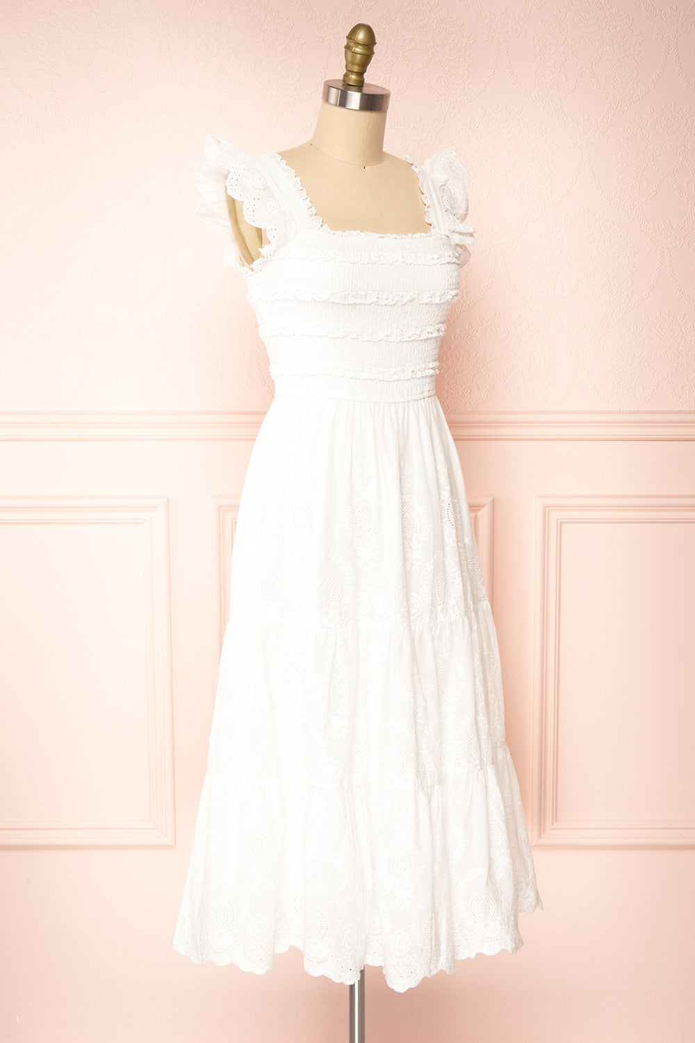 Nagone | White Midi Dress With Ruffles And Elastic Bust side view 