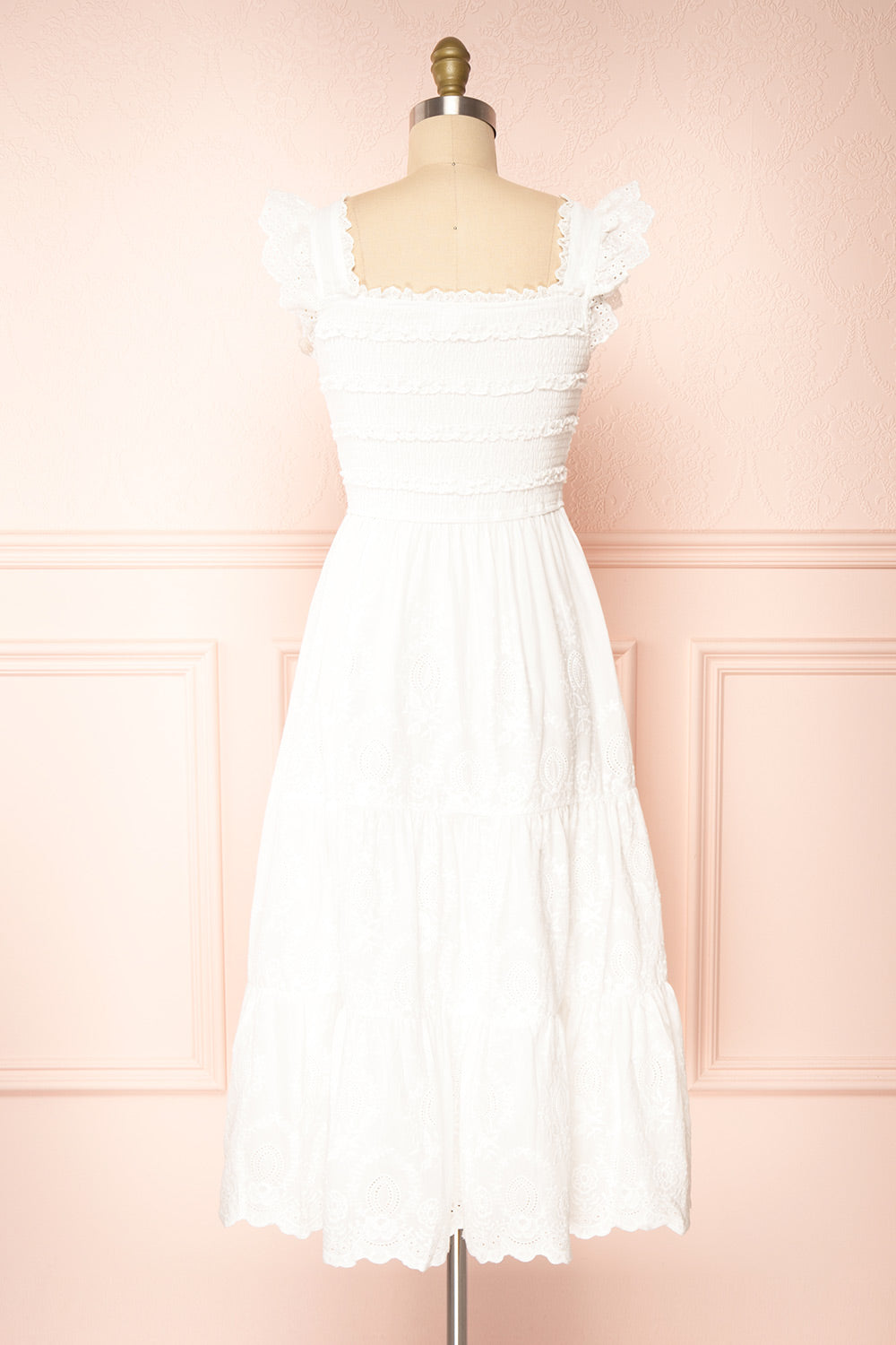 Nagone | White Midi Dress With Ruffles And Elastic Bust back view 