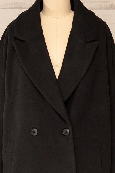 Nahaven Black Buttoned Trench Coat | La petite garçonne front close-up