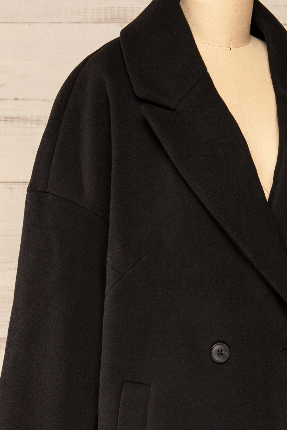 Nahaven Black Buttoned Trench Coat | La petite garçonne side close-up