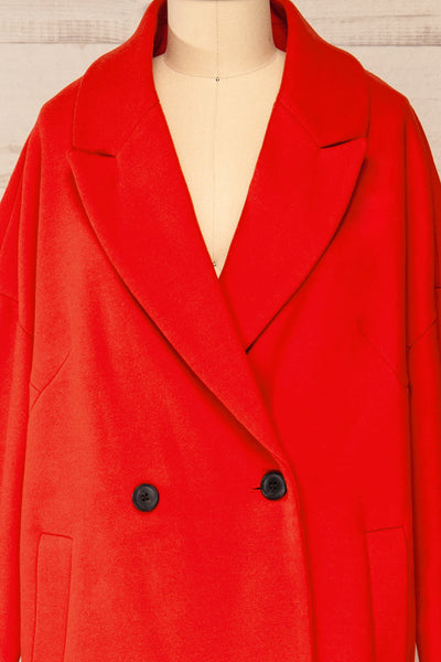Nahaven Red Buttoned Trench Coat | La petite garçonne front close-up