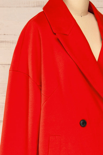 Nahaven Red Buttoned Trench Coat | La petite garçonne side close-up