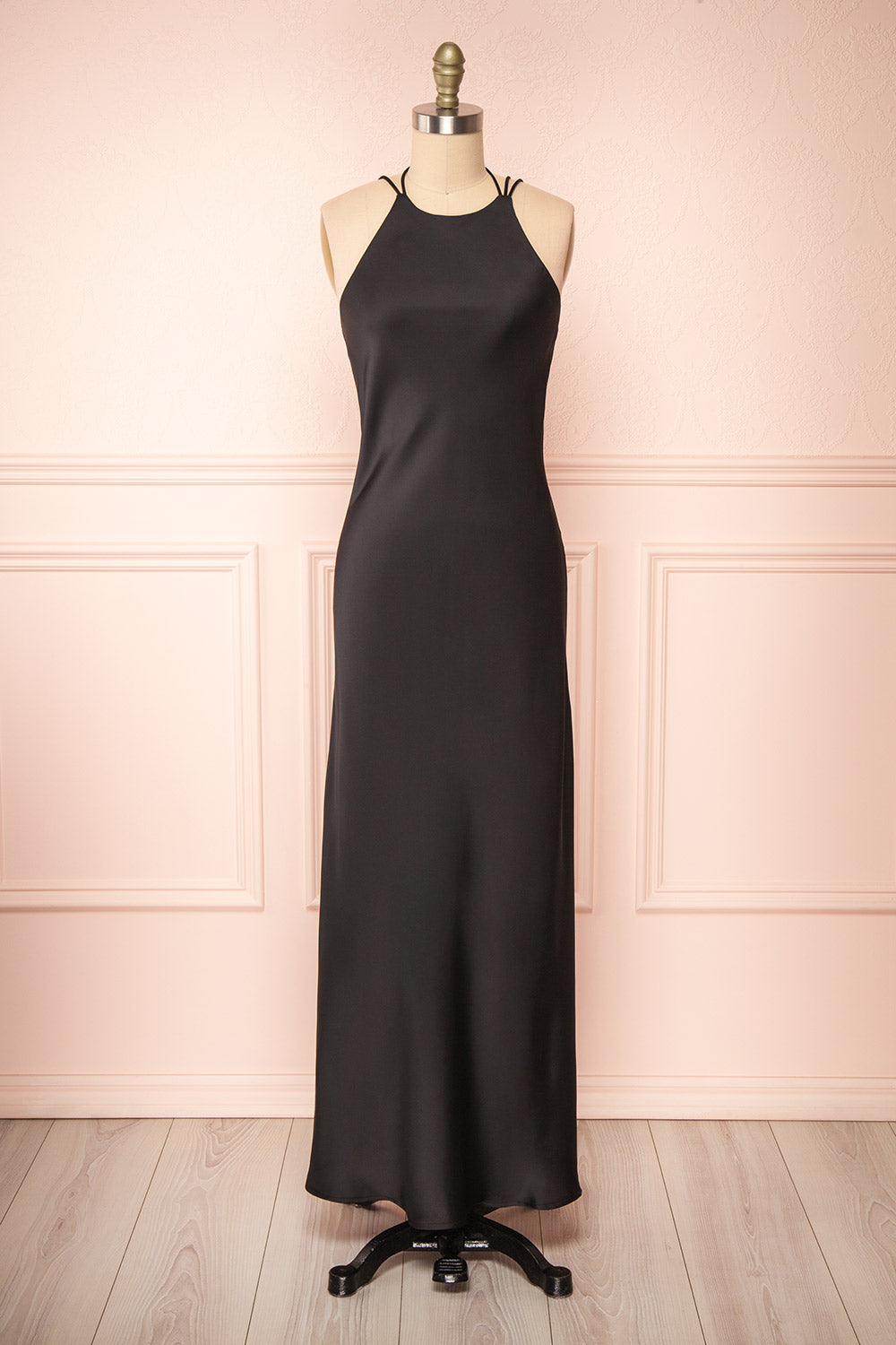 Nairobi Black Satin Maxi Dress w/ Open Back | Boutique 1861 front view 