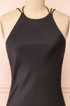 Nairobi Black Satin Maxi Dress w/ Open Back | Boutique 1861 front close-up