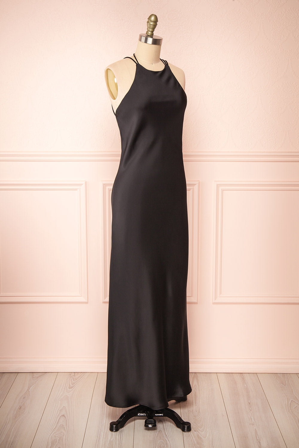 Nairobi Black Satin Maxi Dress w/ Open Back | Boutique 1861 side view 