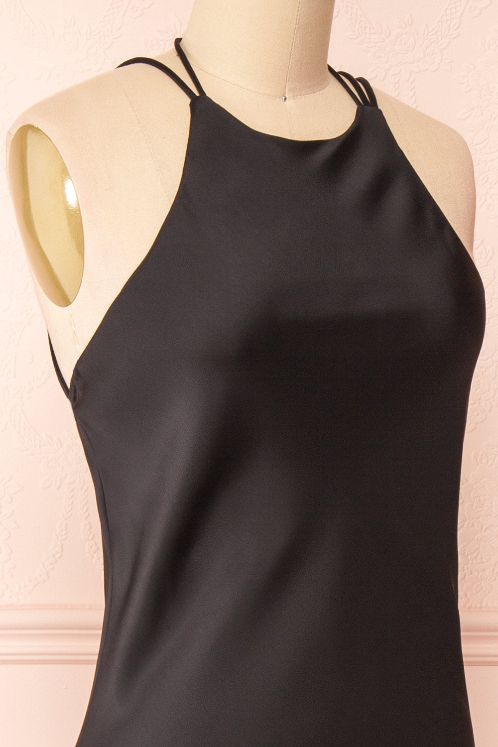 Nairobi Black Satin Maxi Dress w/ Open Back | Boutique 1861 side close-up