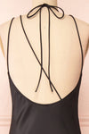 Nairobi Black Satin Maxi Dress w/ Open Back | Boutique 1861 side close-up