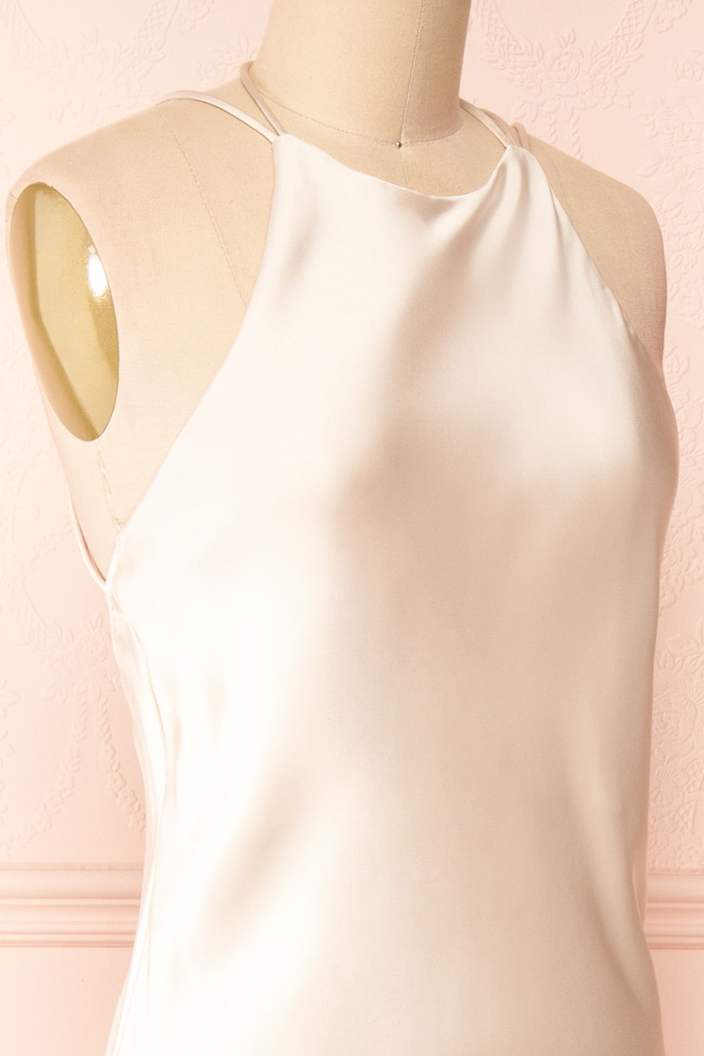 Nairobi Champagne Satin Maxi Dress w/ Open Back | Boutique 1861  side close-up