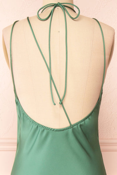 Nairobi Green Satin Maxi Dress w/ Open Back | Boutique 1861 back close-up