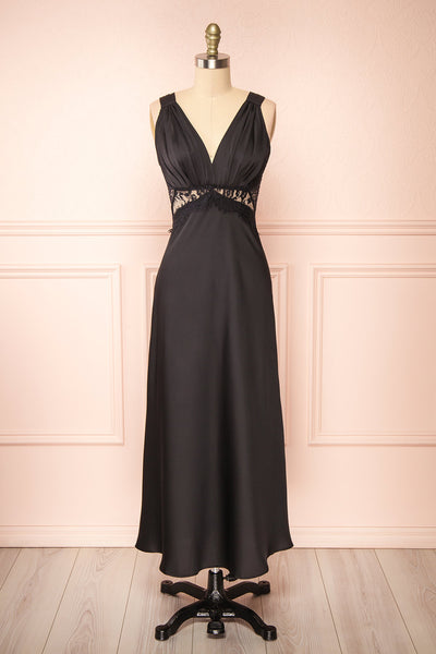 Naksu Black Satin Midi Dress w/ Lace Trim | Boutique 1861 front view