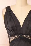 Naksu Black Satin Midi Dress w/ Lace Trim | Boutique 1861 front close-up