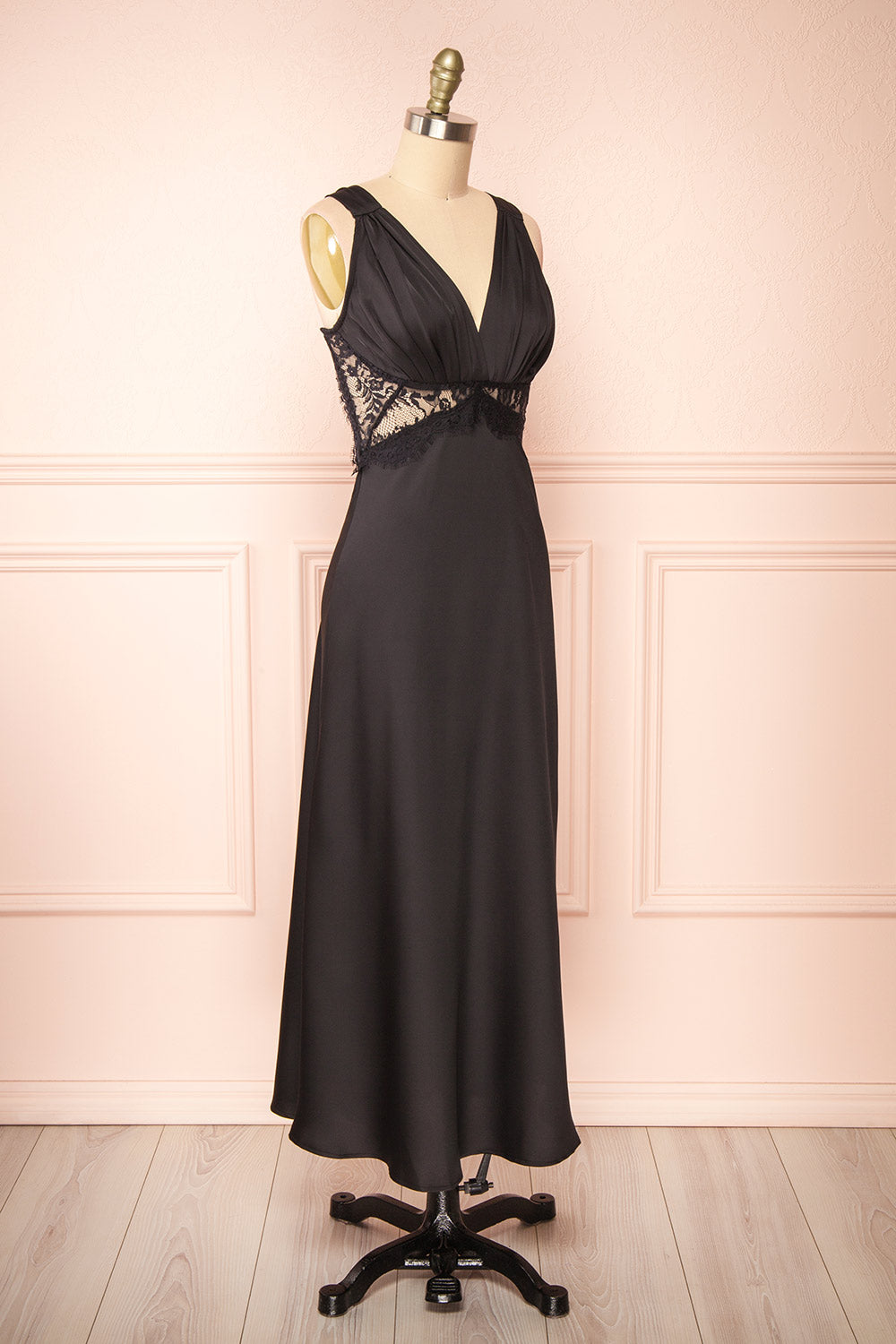 Naksu Black Satin Midi Dress w/ Lace Trim | Boutique 1861 side view 