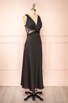 Naksu Black Satin Midi Dress w/ Lace Trim | Boutique 1861 side view