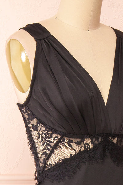 Naksu Black Satin Midi Dress w/ Lace Trim | Boutique 1861 side close-up
