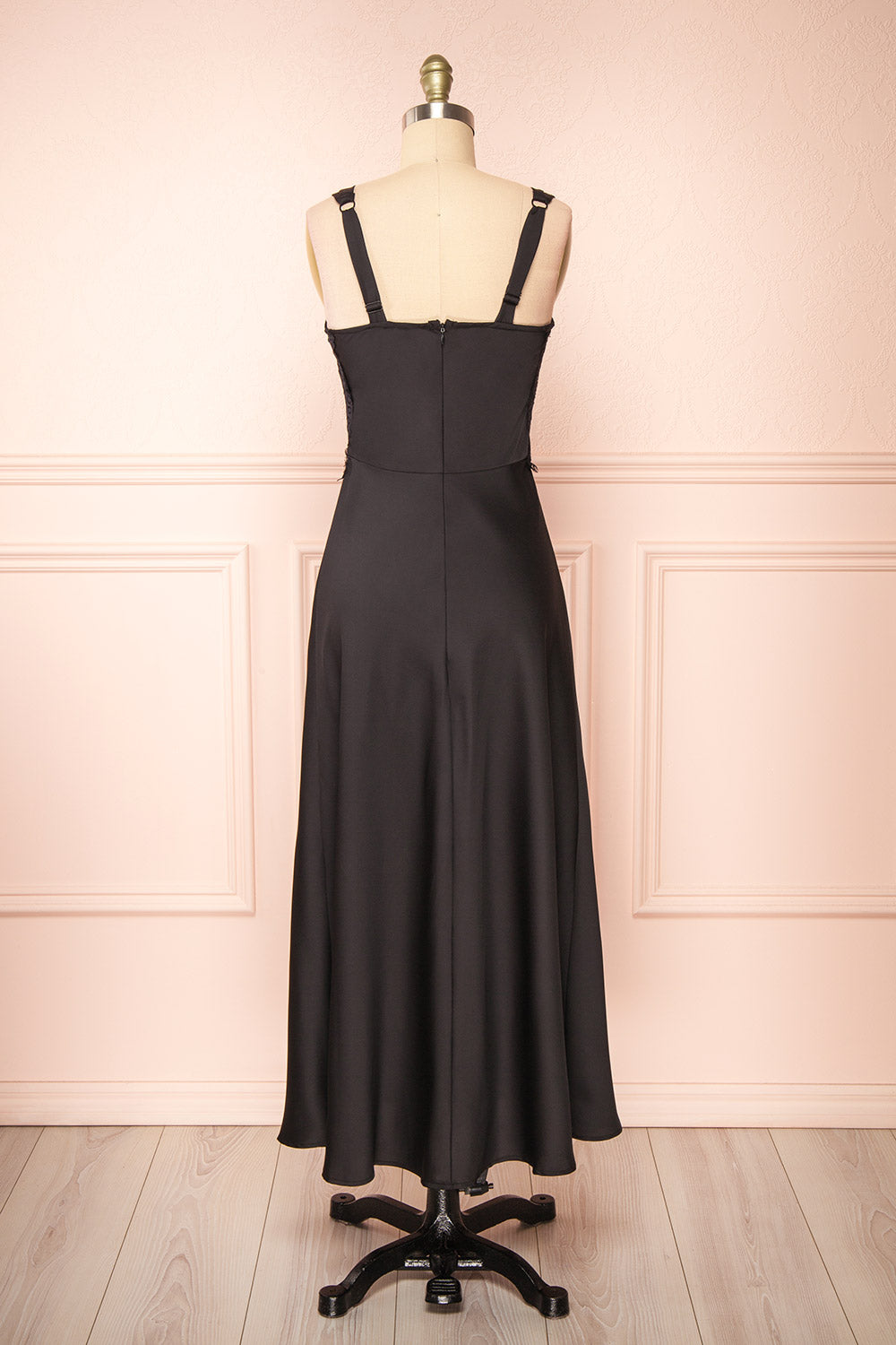  Naksu Black Satin Midi Dress w/ Lace Trim | Boutique 1861 back view 