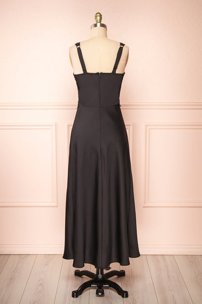 Naksu Black Satin Midi Dress w/ Lace Trim | Boutique 1861 back view