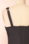 Naksu Black Satin Midi Dress w/ Lace Trim | Boutique 1861 back close-up