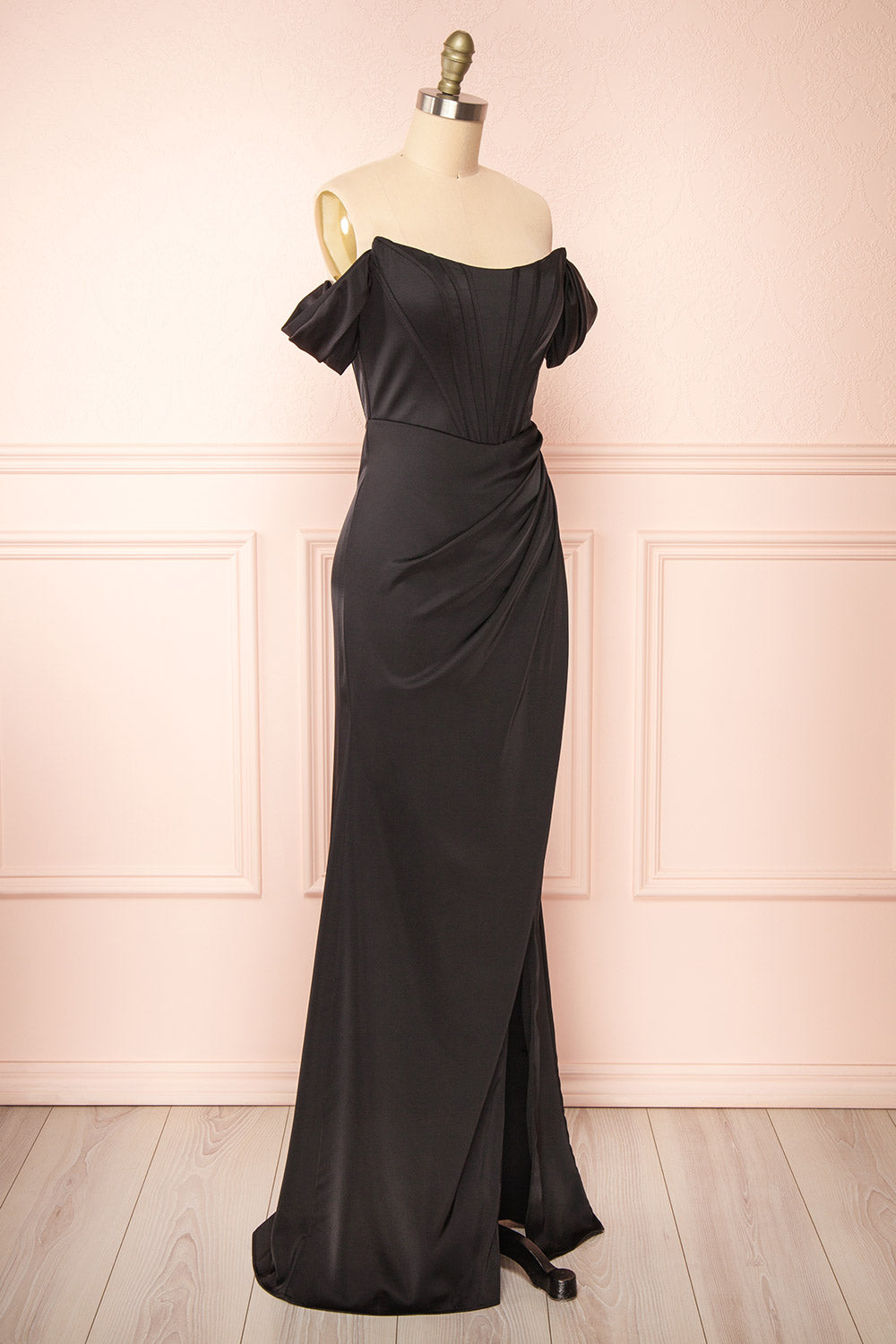 Namie Black Corset Maxi Dress w/ Removable Straps | Boutique 1861 side view 