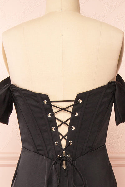 Namie Black Corset Maxi Dress w/ Removable Straps | Boutique 1861 back close-up