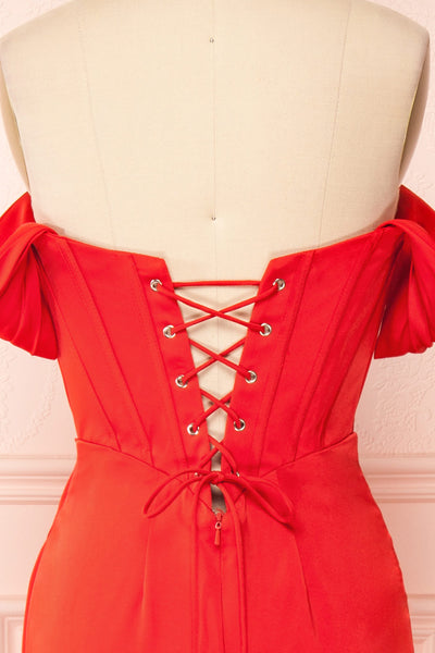 Namie Red Corset Maxi Dress w/ Removable Straps | Boutique 1861 back close-up