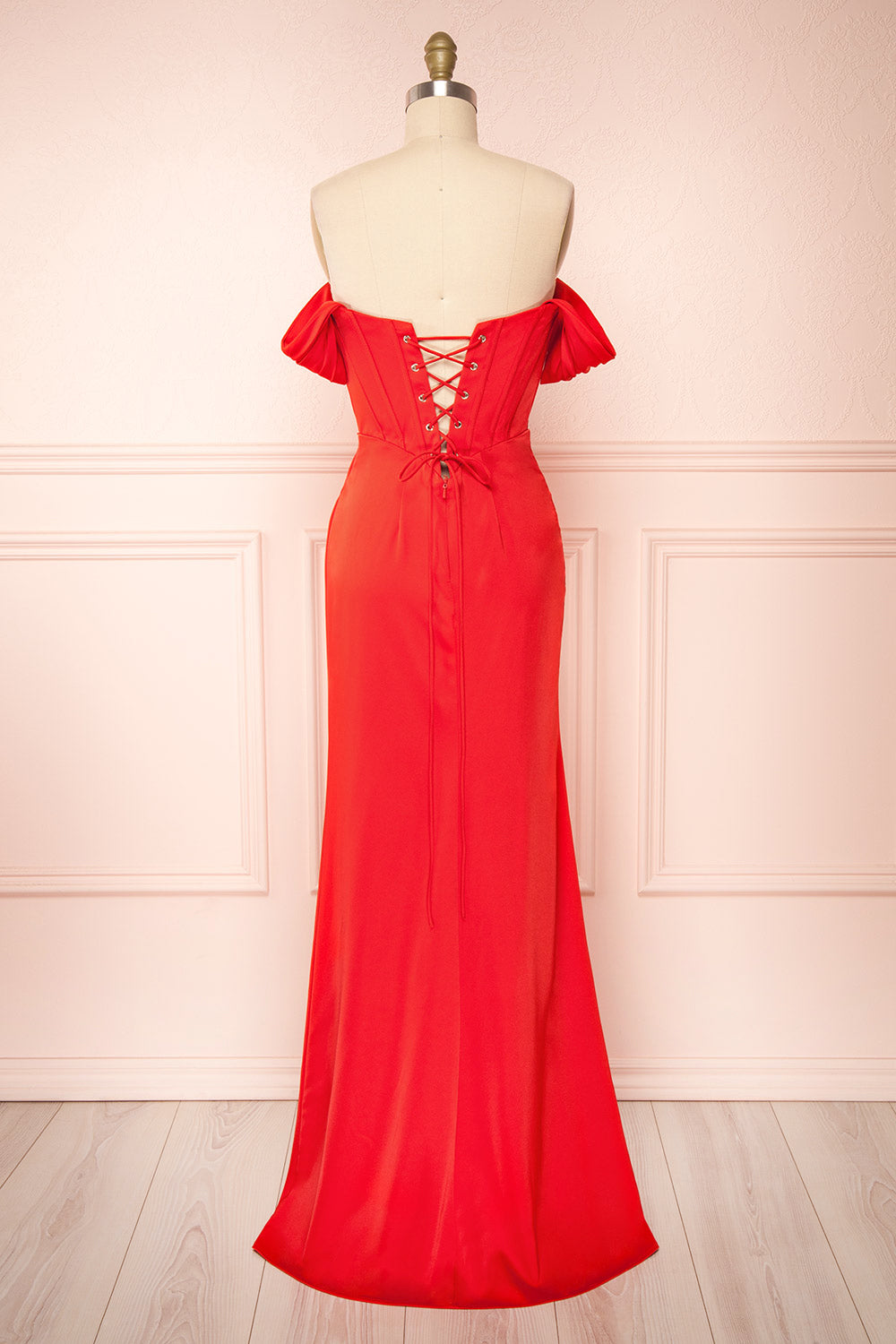 Namie Red Corset Maxi Dress w/ Removable Straps | Boutique 1861 back view