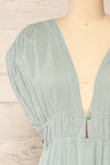 Naneroi Blue V-Neck Midi Dress | La petite garçonne front close-up