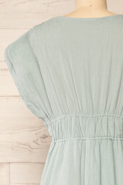 Naneroi Blue V-Neck Midi Dress | La petite garçonne back close-up