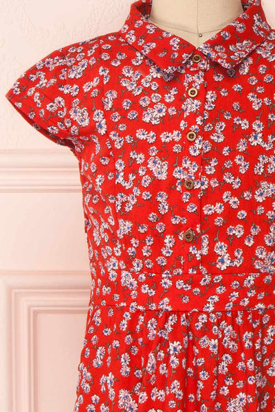 Naoka Mini Red Floral Midi A-Line Dress | Boutique 1861 front close-up