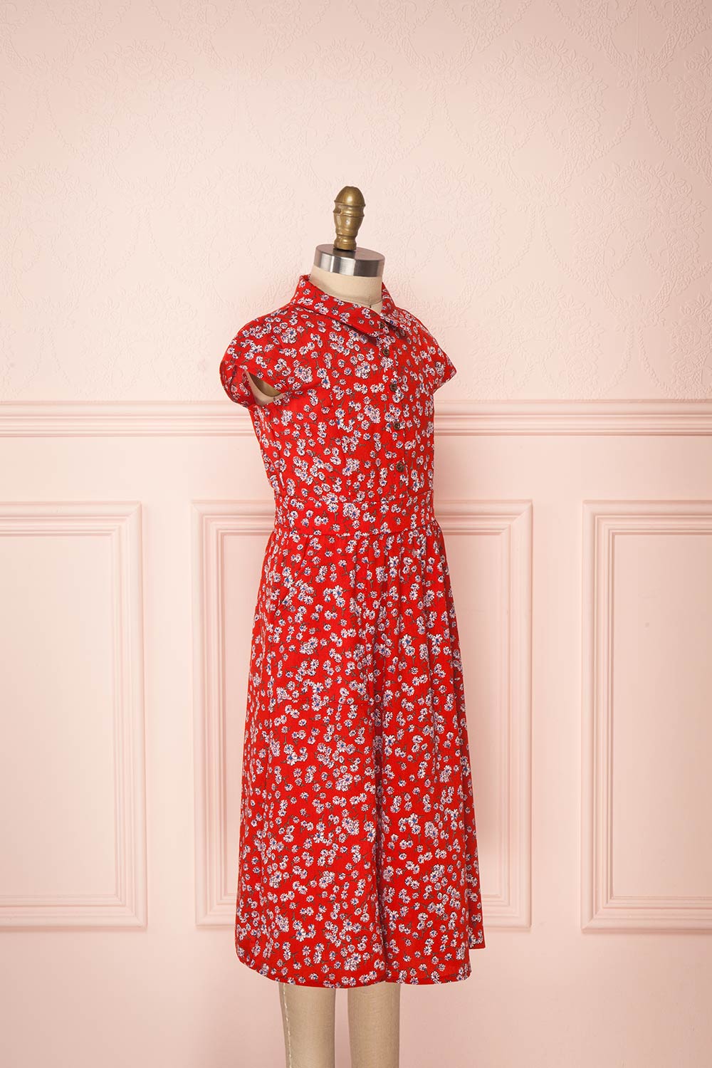 Naoka Mini Red Floral Midi A-Line Dress | Boutique 1861 side view 