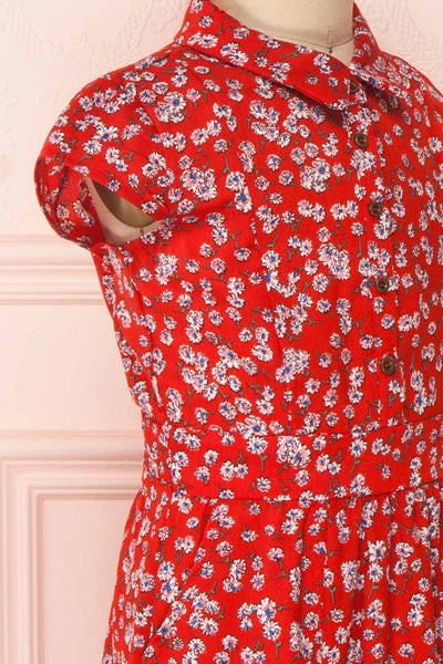 Naoka Mini Red Floral Midi A-Line Dress | Boutique 1861 side close-up