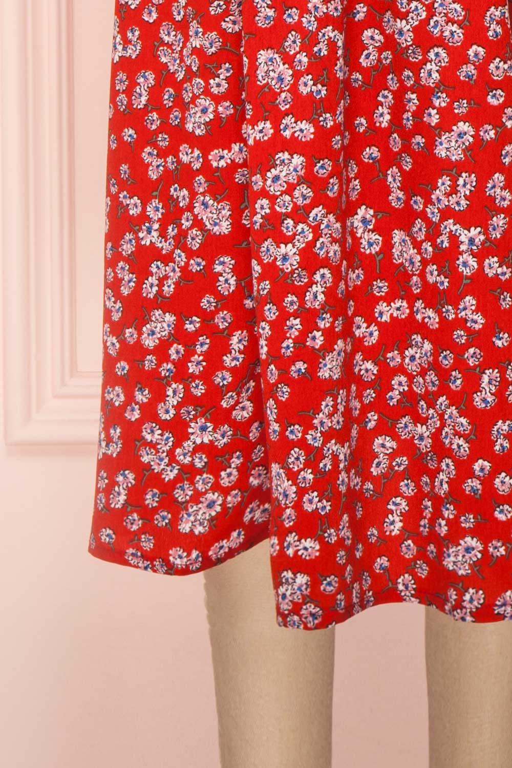 Naoka Mini Red Floral Midi A-Line Dress | Boutique 1861 bottom close-up