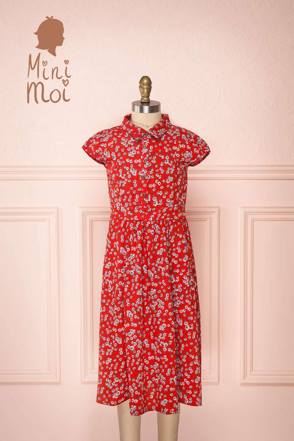 Naoka Mini Red Floral Midi A-Line Dress | Boutique 1861 front view 