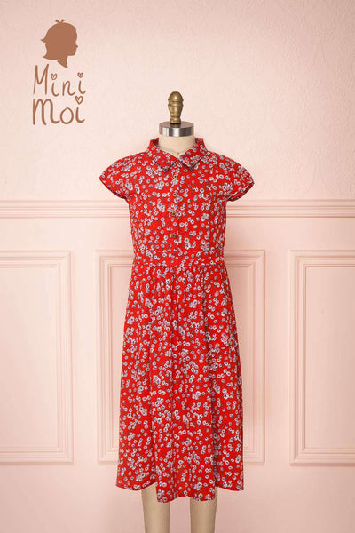 Naoka Mini Red Floral Midi A-Line Dress | Boutique 1861 front view