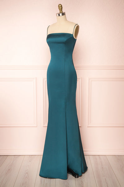 Naomie Emerald Silky Mermaid Gown with Slit | Boudoir 1861 side view