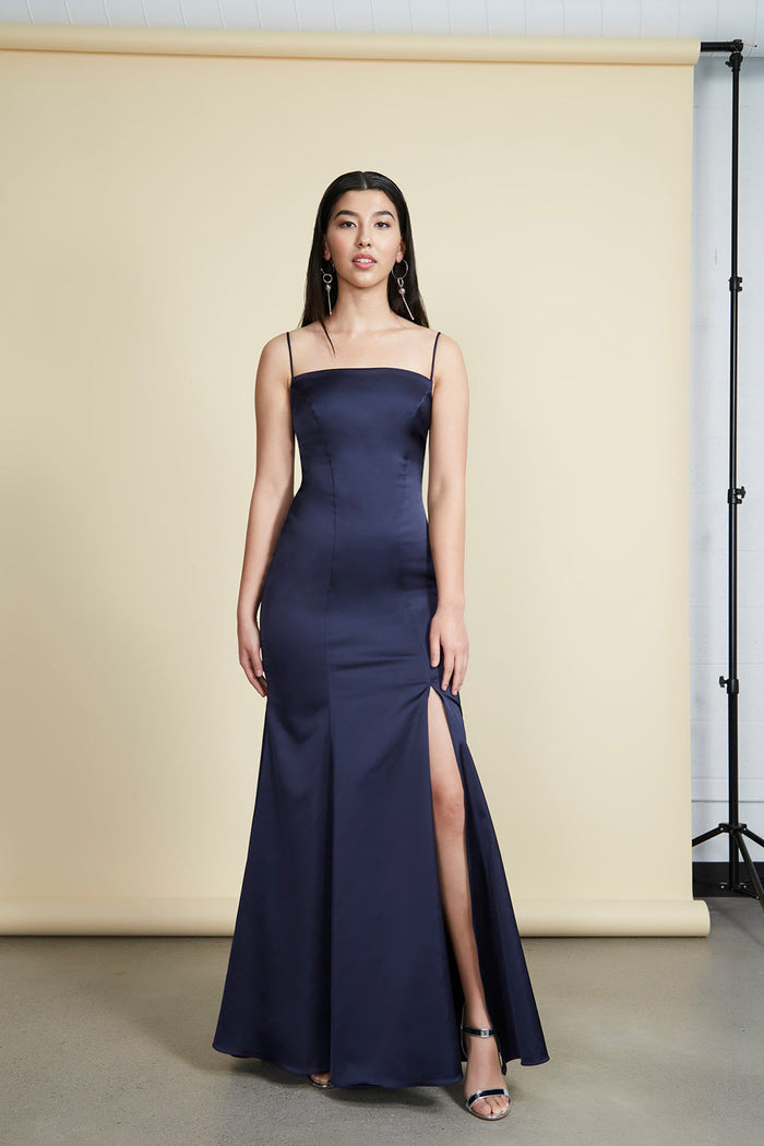 Naomie Navy Blue Silky Mermaid Gown with Slit | Boudoir 1861