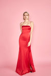 Naomie Red Silky Mermaid Gown with Slit | Boudoir 1861 front on model