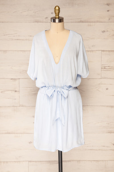 Naousa Blue V-Neck Short Sleeve Dress | La petite garçonne front view