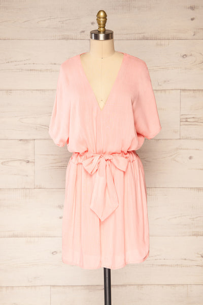 Naousa Pink V-Neck Short Sleeve Dress | La petite garçonne front view