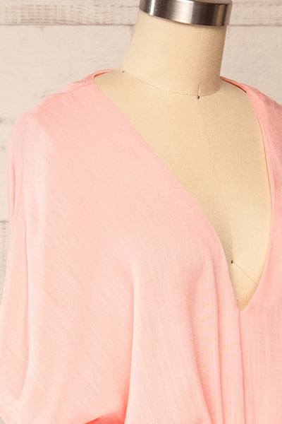 Naousa Pink V-Neck Short Sleeve Dress | La petite garçonne side close up