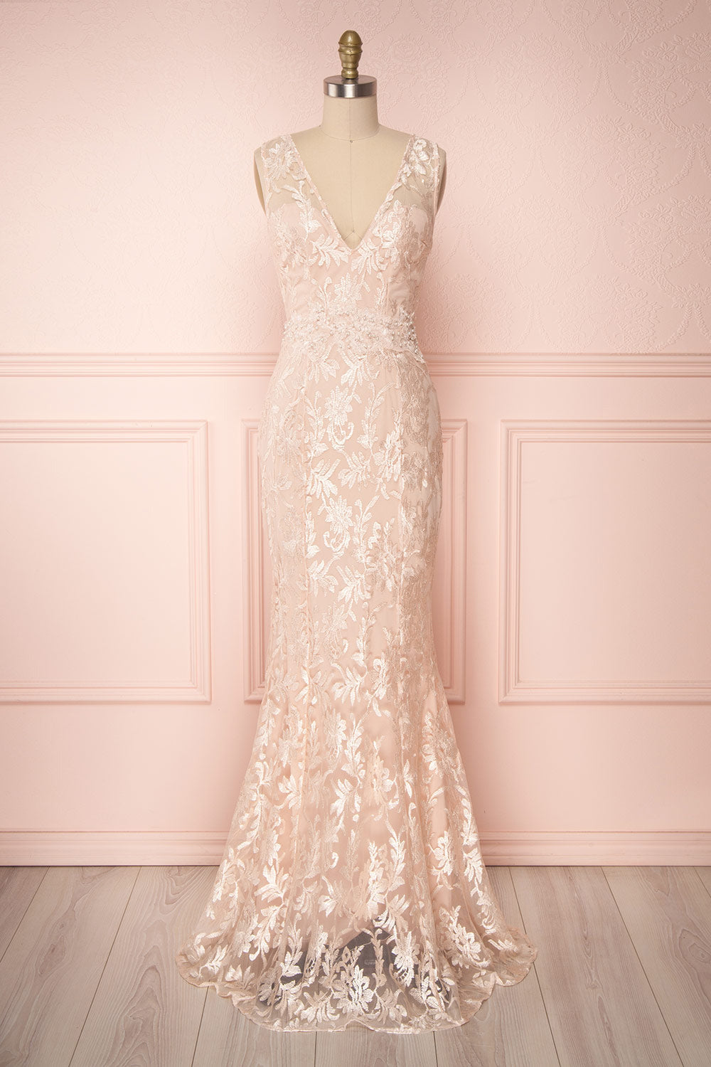 Naoyo Blush Pink Lace Mermaid Gown w/ Pearls | Boutique 1861