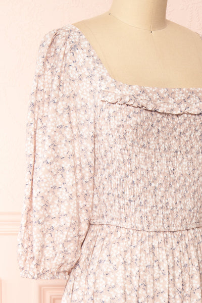Napae Pink 3/4 Sleeve Floral Dress with Ruffles | Boutique 1861  side close-up