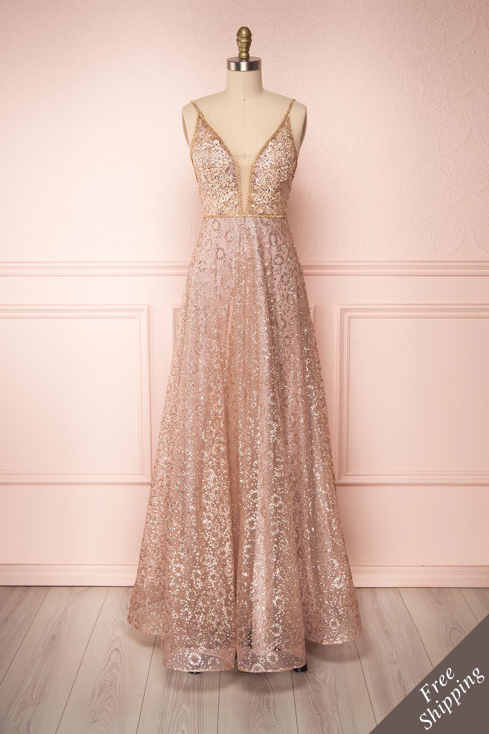 Natcha Blush Pink Sparkly A-Line Gown with Crystals | Boutique 1861