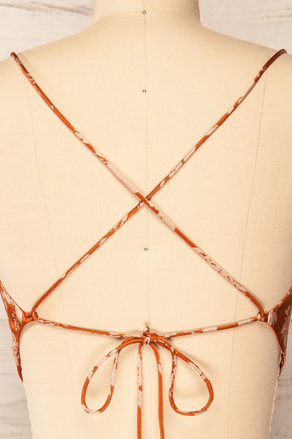 Natey Rust Floral Lace-Up Back Crop Top | La petite garçonne back close-up